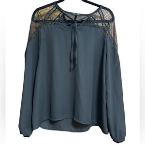 Long Sleeve Blouse Black Sheer with Lace Neckline and Shoulders Size Medium